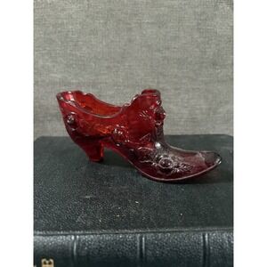 Vintage Fenton Glass Shoe Slipper Ruby Red Cabbage Rose Victorian Marked